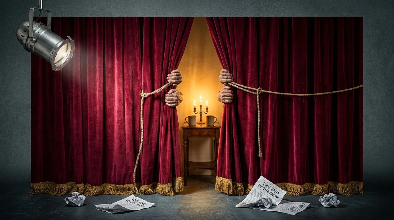 A set of red velvet theater curtains being pulled shut to reveal a warm, candlelit room inside, while a cold spotlight hits the outside.