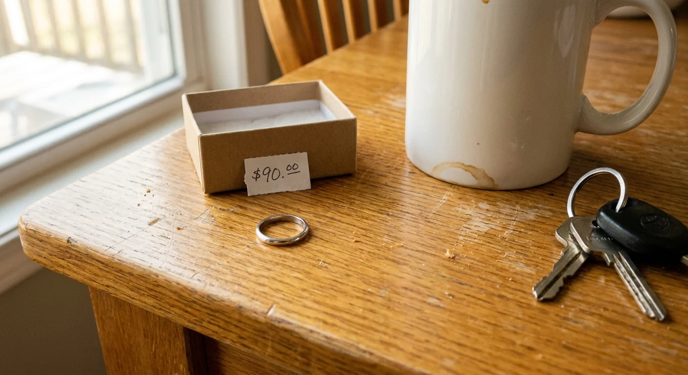 A simple $90 platinum wedding band resting on a wooden kitchen table next to a coffee mug and a price tag.
