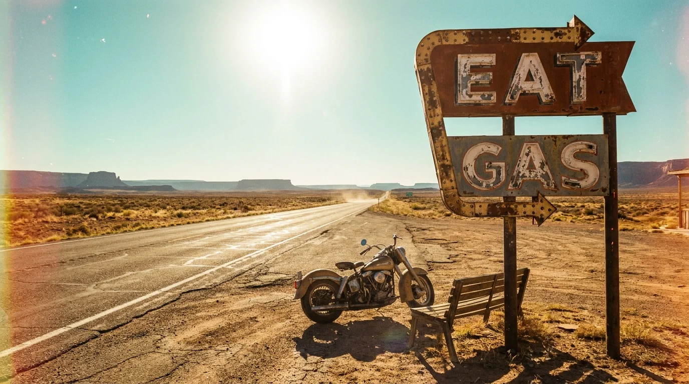 A sun-bleached vintage 'EAT' sign stands along a lonely, shimmering stretch of Route 66.