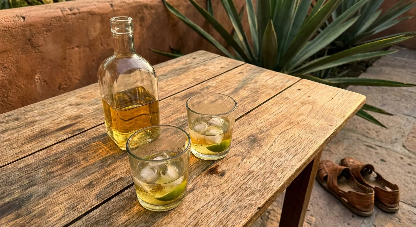 A sun-drenched photo of a tequila bottle and two glasses on a rustic wooden table in a Mexican courtyard.