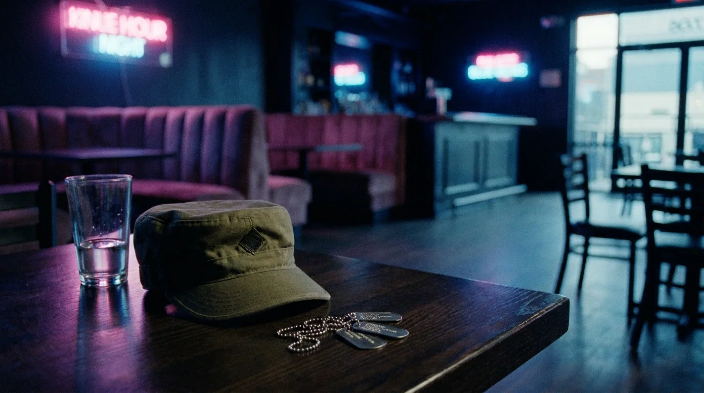 A tactical cap and dog tags on a nightclub table, illuminated by dim neon lights in an empty room.