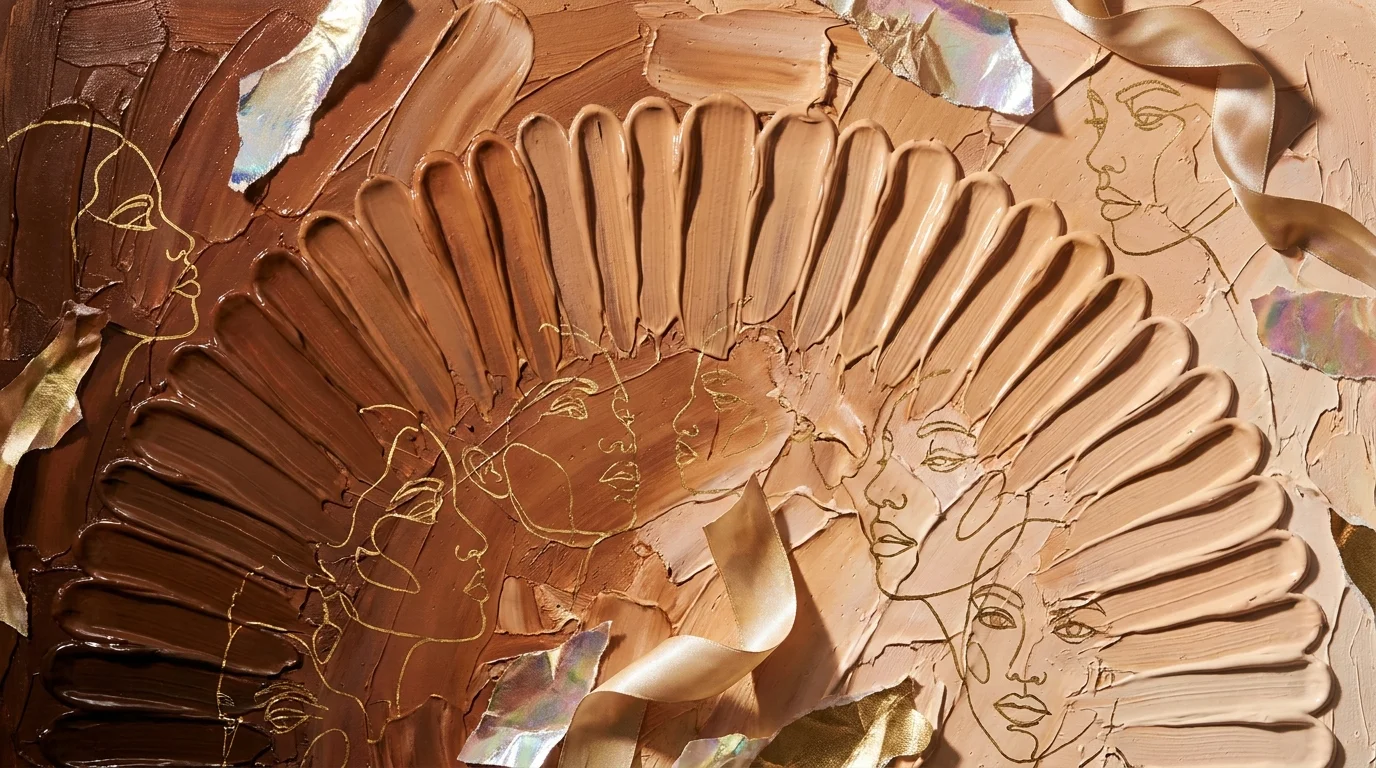 A tactile mixed media piece showing dozens of foundation smears in a range of skin tones, accented with gold line art.