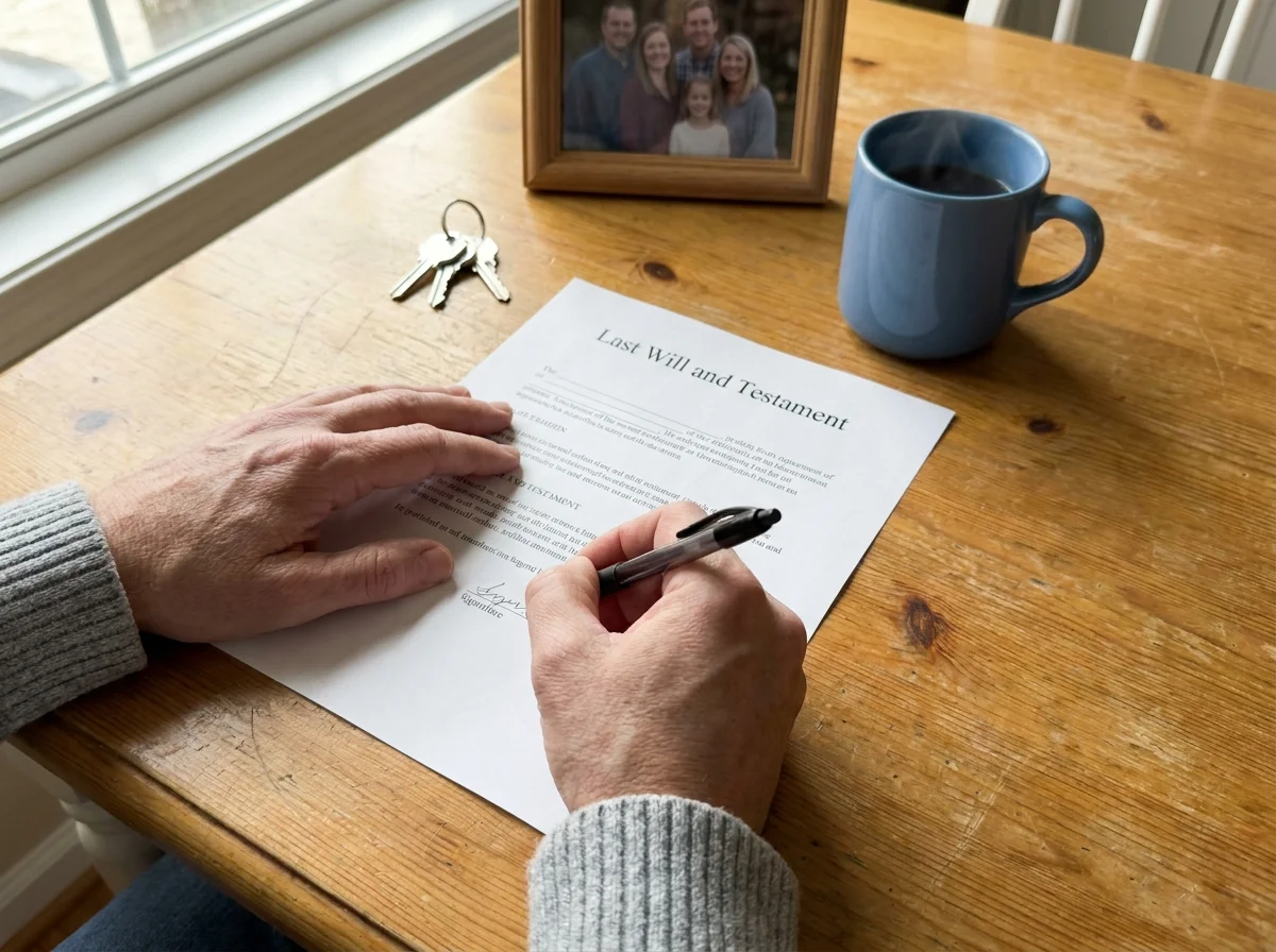 A top-down photo of hands signing a 'Last Will and Testament' on a kitchen table next to a coffee mug.