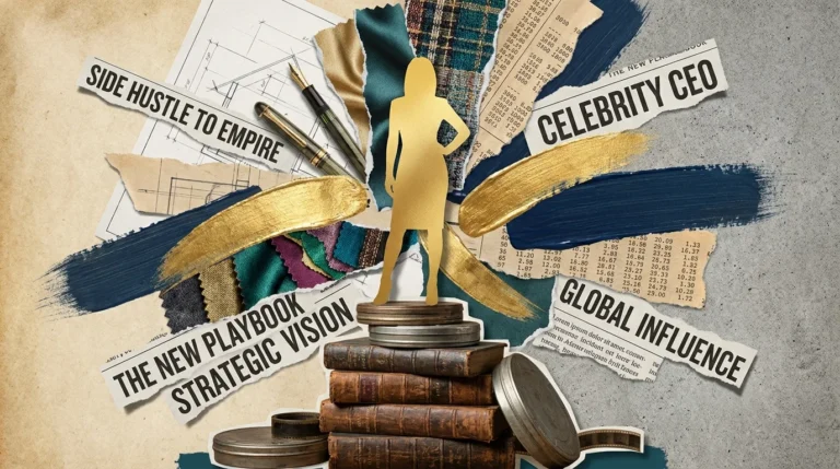 A vibrant mixed media collage featuring a golden silhouette standing on books and film reels, surrounded by business and fashion elements.