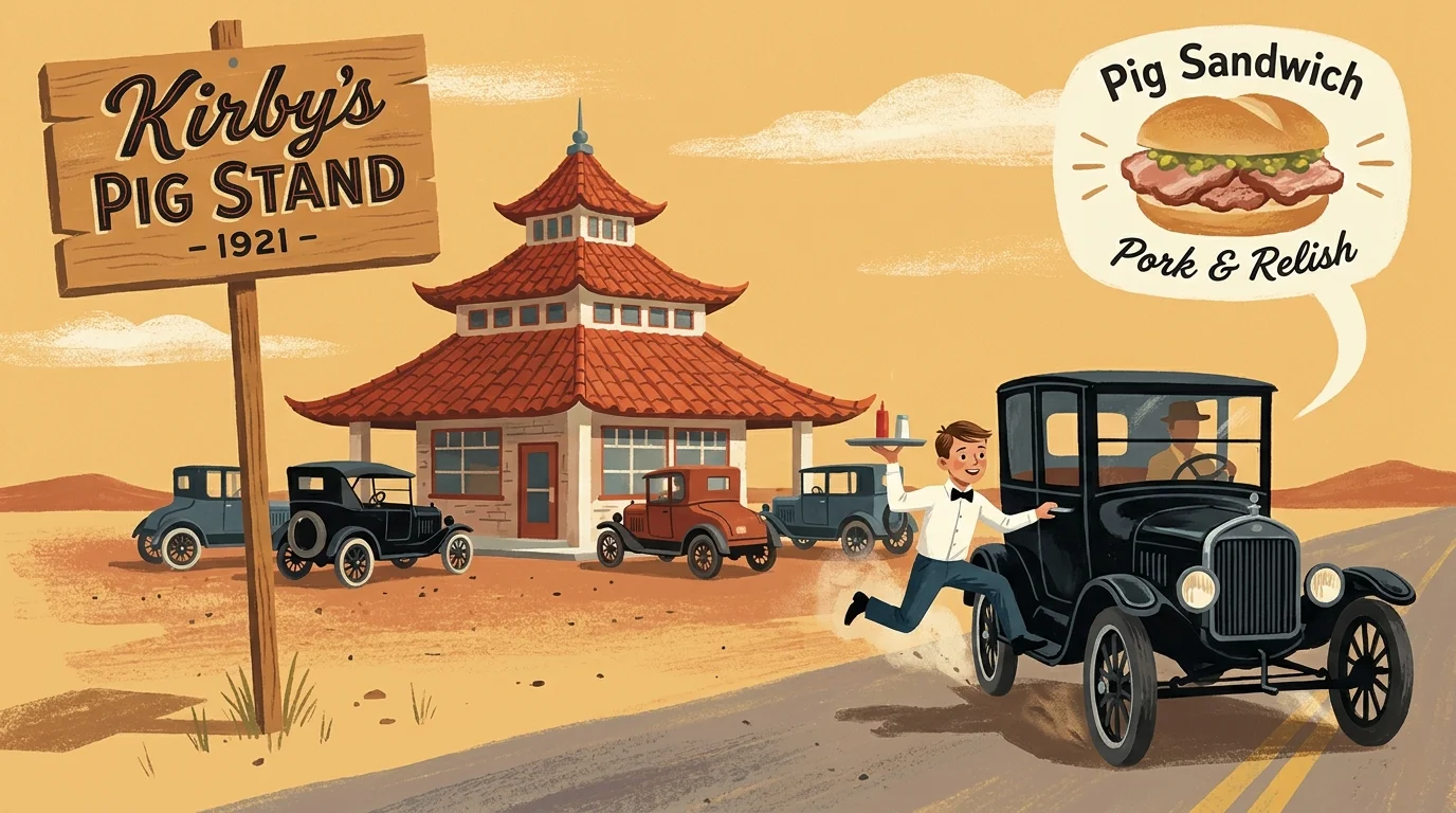 A vintage gouache illustration of the first Kirby's Pig Stand in 1921 featuring tray boys and Model T cars.