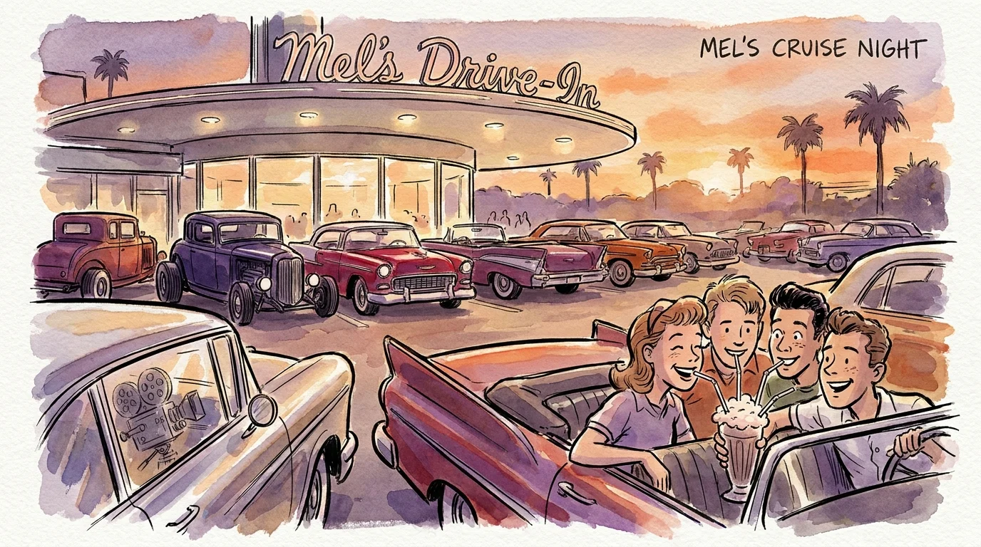 A watercolor illustration of teenagers in a convertible at Mel's Drive-In during a California sunset.