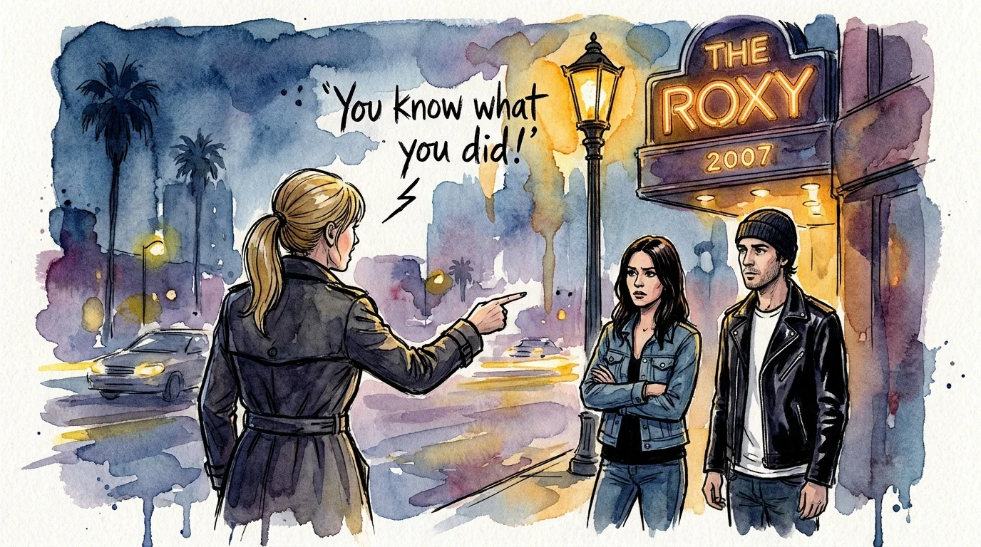 A watercolor illustration of two women arguing outside a nightclub with the text 'You know what you did!' floating in the air.