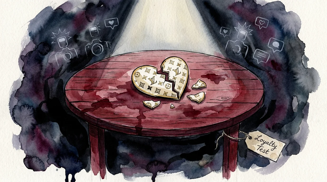 A watercolor painting of a broken porcelain heart on a large red table, symbolizing a fractured family trust.