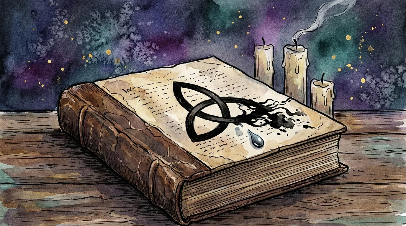 A watercolor painting of an open ancient book with a fraying three-pointed symbol and one extinguished candle.