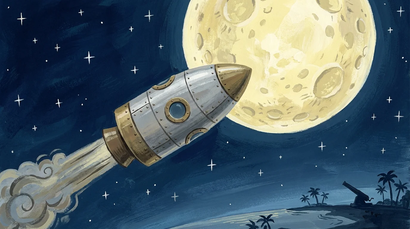 A whimsical gouache painting of a bullet-shaped Victorian rocket flying toward a large yellow moon.