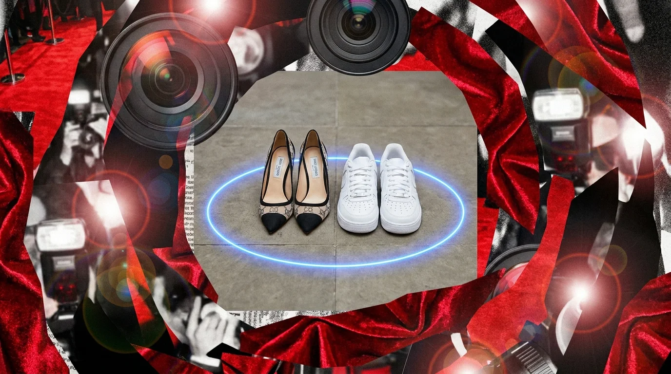 A whirlwind of camera flashes and red carpet textures surrounding a quiet center of two pairs of shoes standing together.