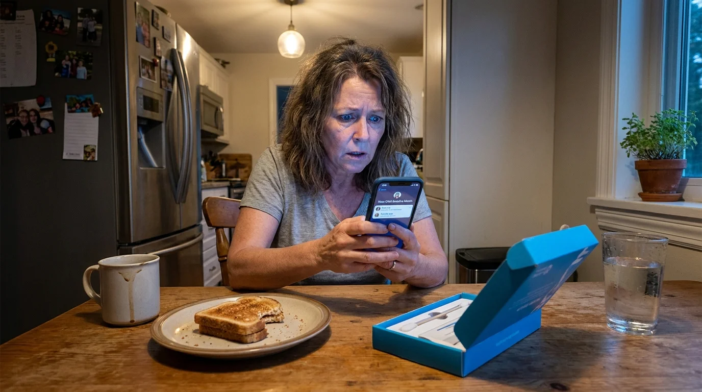A woman at her kitchen table looking shocked at a DNA match notification on her smartphone, next to an open DNA test kit.