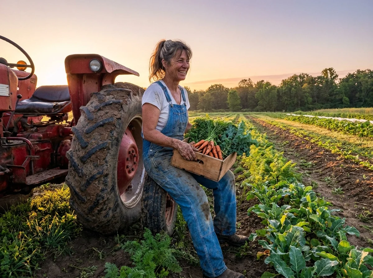 A woman in overalls sitting on a tractor tire on a farm, holding a crate of fresh vegetables at sunrise.