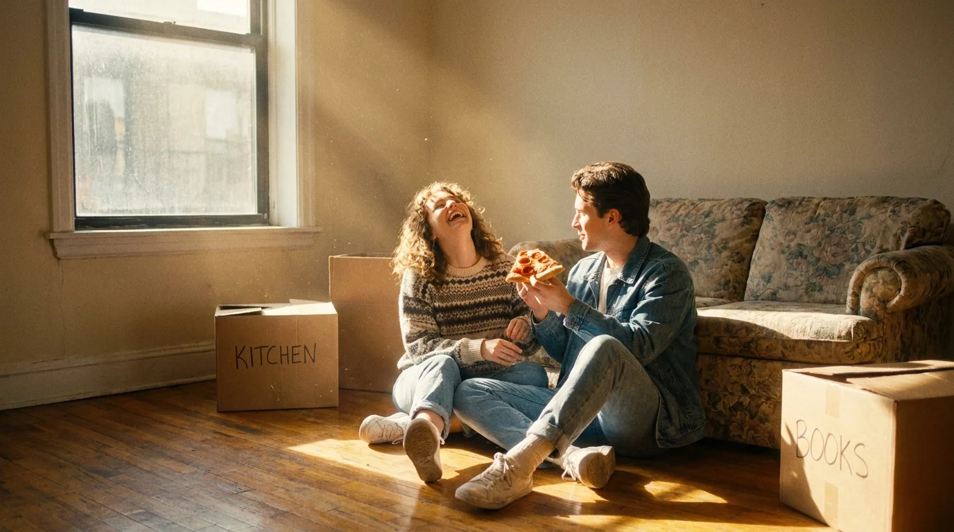A young couple laughs on the floor of a sunlit, empty apartment with moving boxes, captured in a warm 80s film style.
