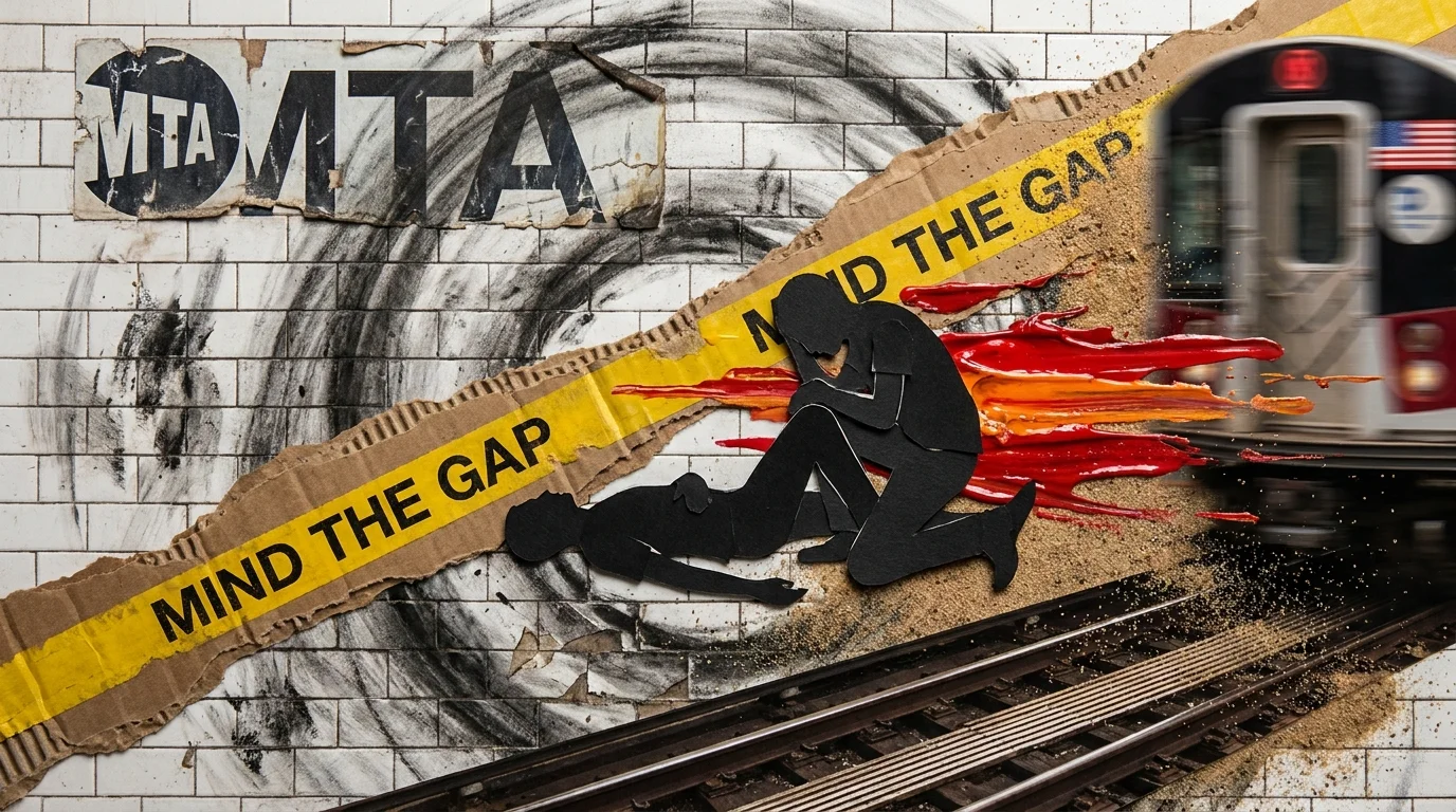 Abstract art using subway tiles and paper silhouettes to show one person shielding another from an oncoming train.