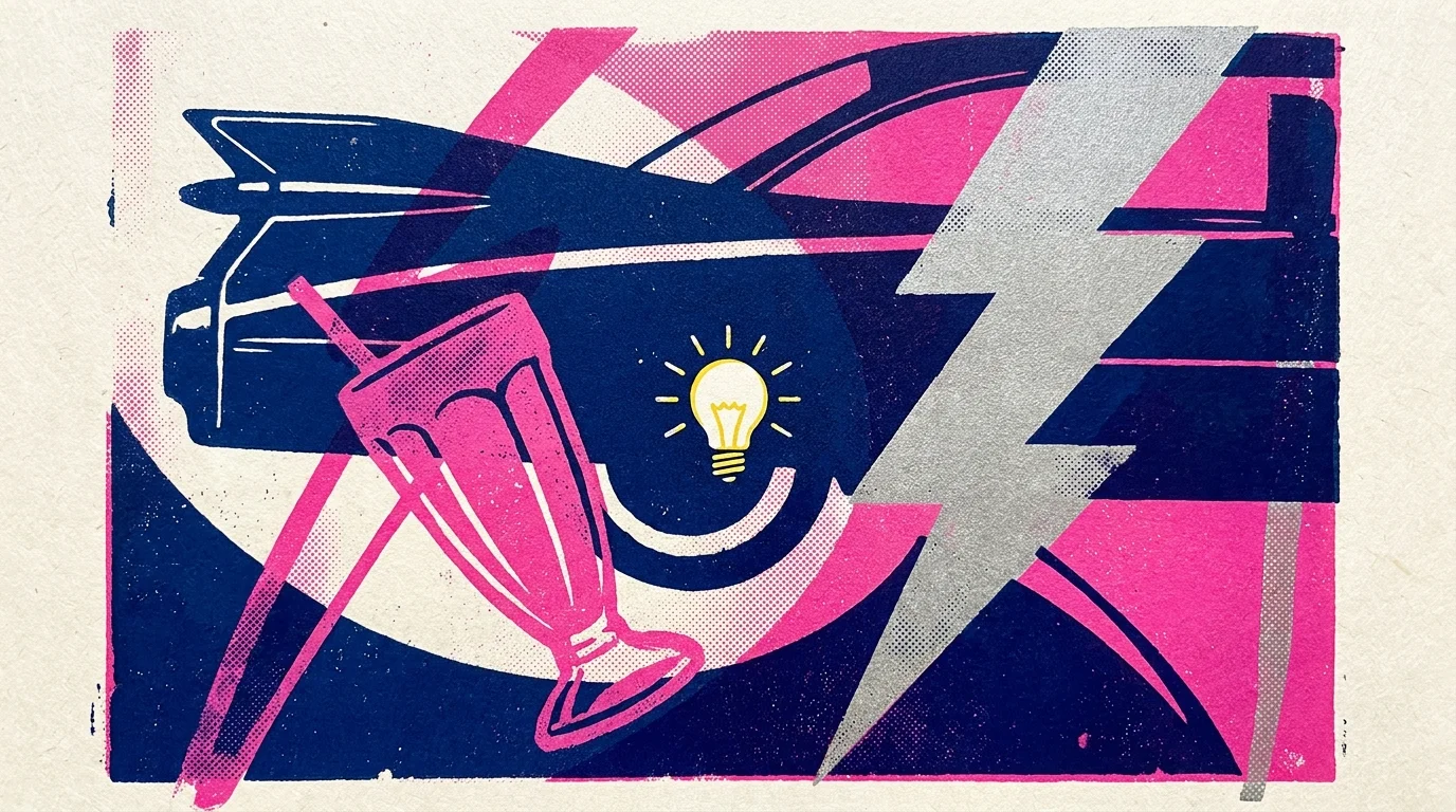 An abstract screenprint featuring silhouettes of car tailfins, milkshake glasses, and neon bolts.