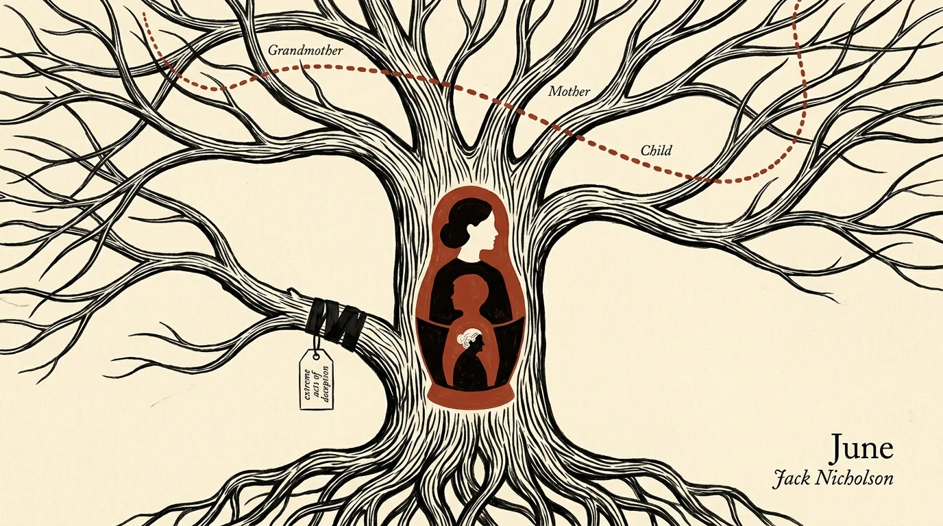 An editorial illustration of a family tree where a red thread bypasses a mother to connect a grandmother directly to a child.