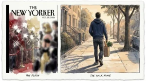 An editorial illustration showing a person walking down a quiet city street with groceries, contrasted against a blurry red carpet backgroun