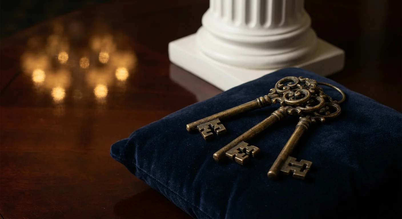 An editorial photo of ornate brass keys on a navy velvet cushion, symbolizing the guardianship of a historic estate.