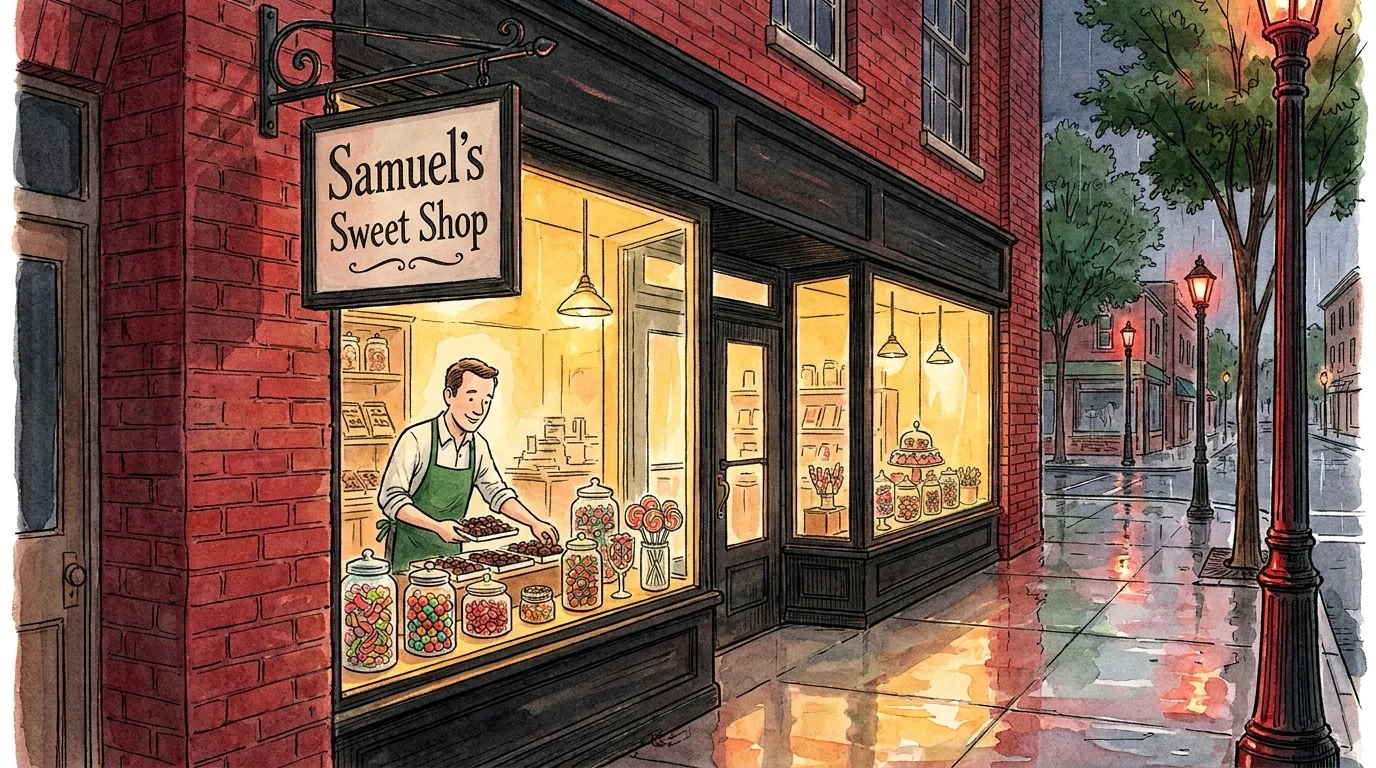 An illustration of a cozy small-town candy shop at night, with a friendly man in an apron working inside.
