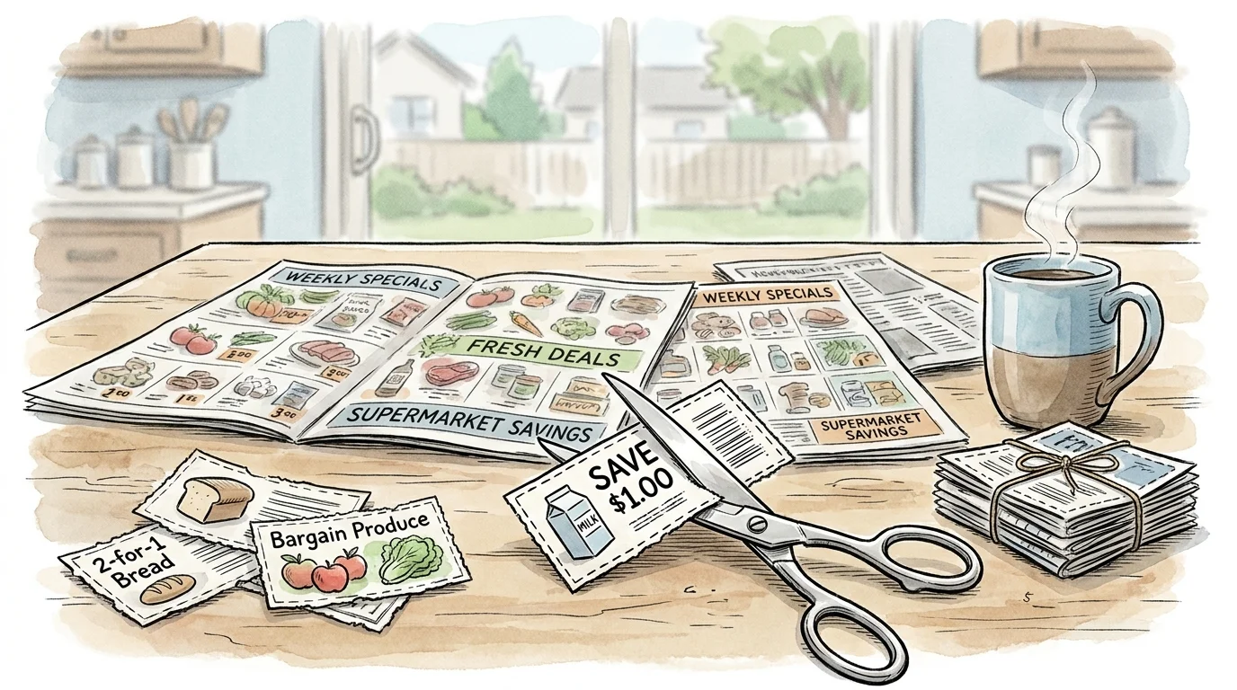 An illustration of a kitchen table covered in grocery circulars and a pair of scissors cutting out a coupon.