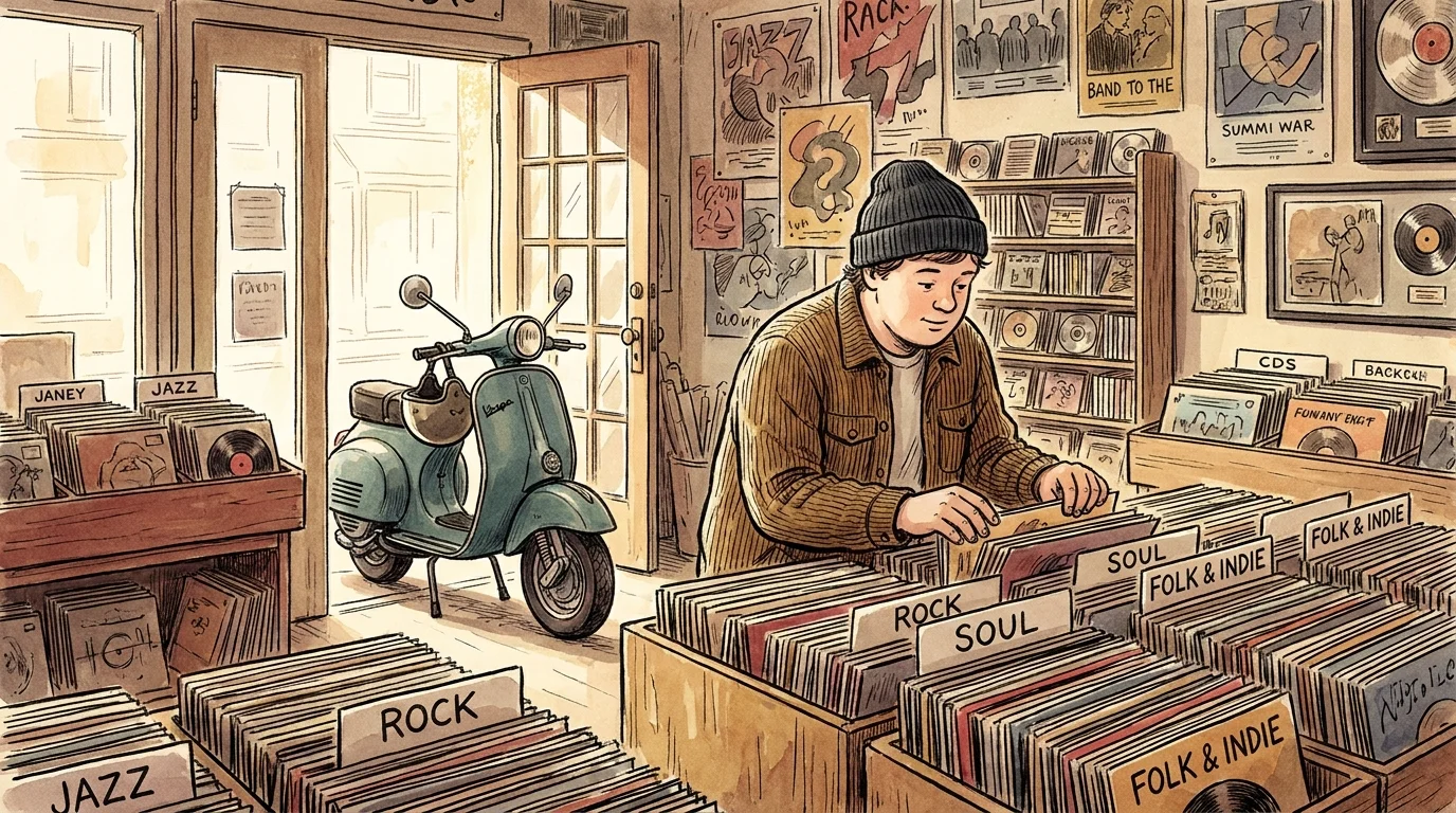 An illustration of a man in a beanie browsing through vinyl records in a cozy shop with a moped parked outside.