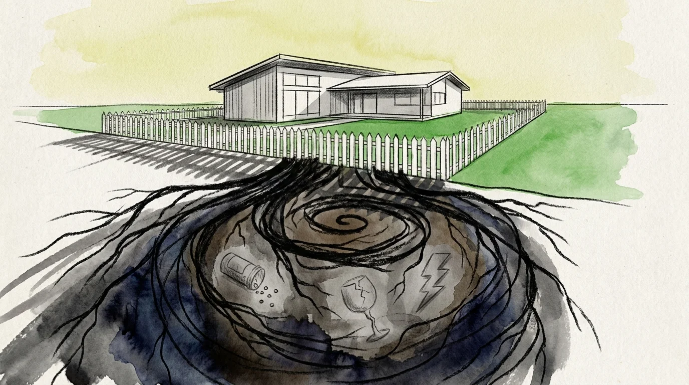 An illustration of a perfect house with dark, chaotic roots containing hidden symbols of addiction and struggle.