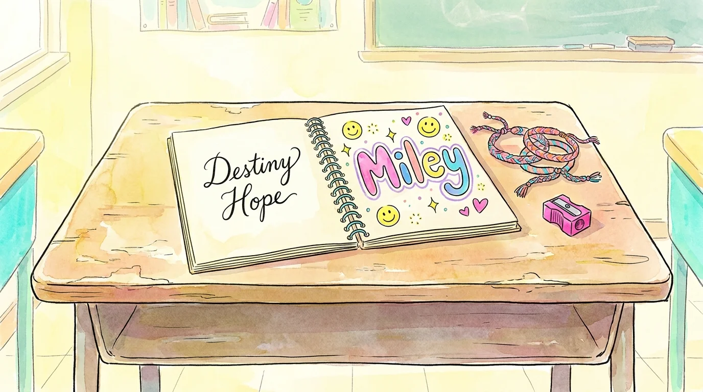 An illustration of a school notebook showing the name Destiny Hope in formal script and Miley doodled in bright, bubbly letters.
