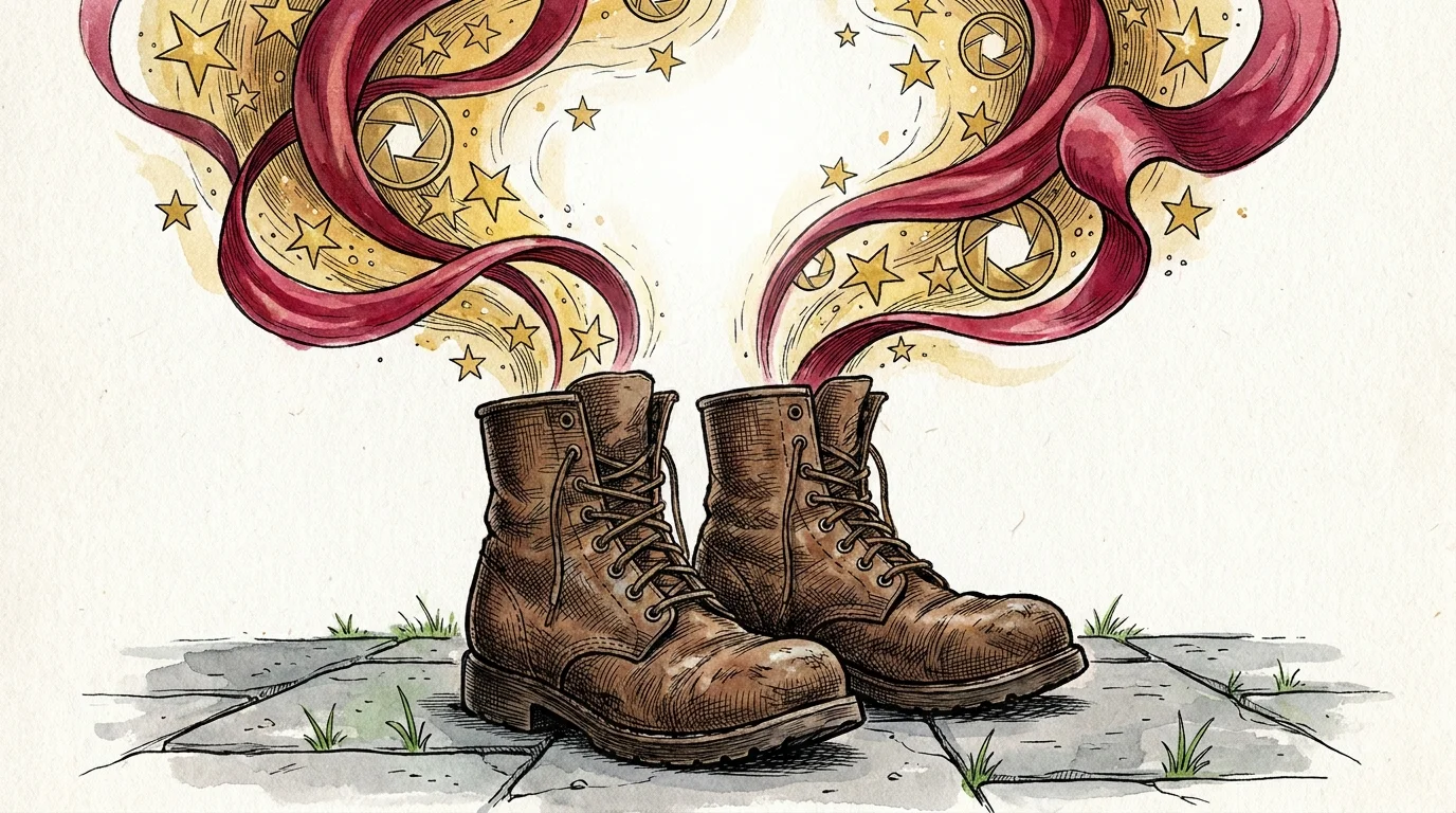 An illustration of worn boots standing on a stone sidewalk, surrounded by a swirling golden mist of stars and cameras.