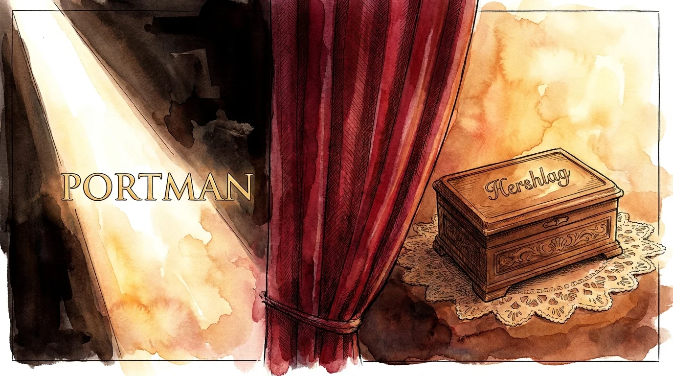 An illustration showing a theater curtain separating the name Portman in lights from the name Hershlag on a private box.