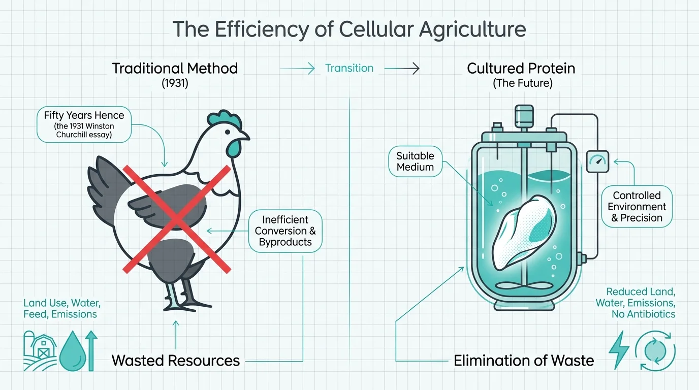 An infographic comparing the waste of traditional poultry farming to the efficiency of lab-grown meat based on Churchill's essay.