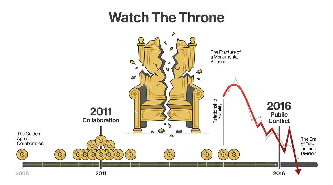 An infographic showing a golden throne splitting in two above a timeline of a musical partnership's decline.