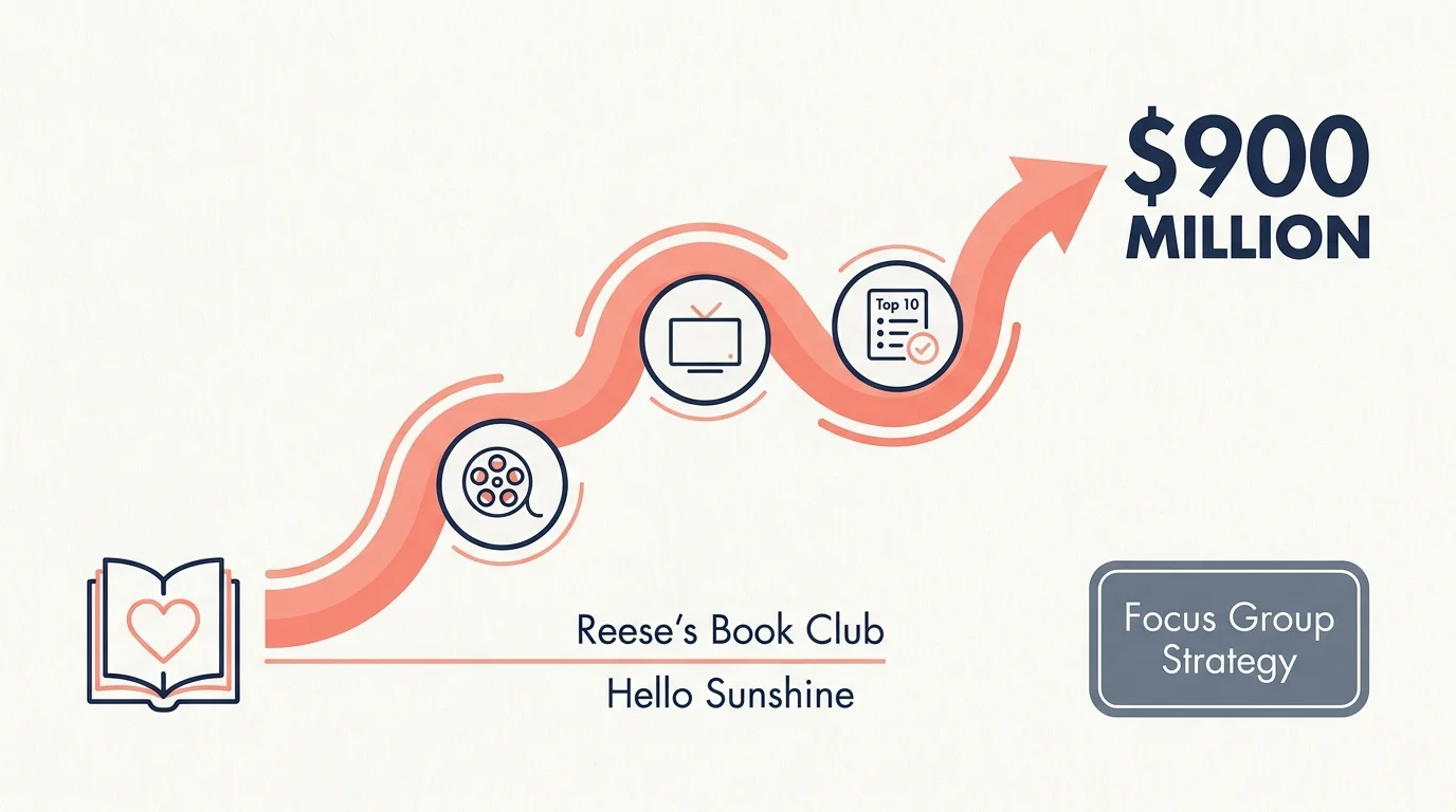 An infographic showing the growth from a book club icon to a $900 million dollar valuation through film and television nodes.
