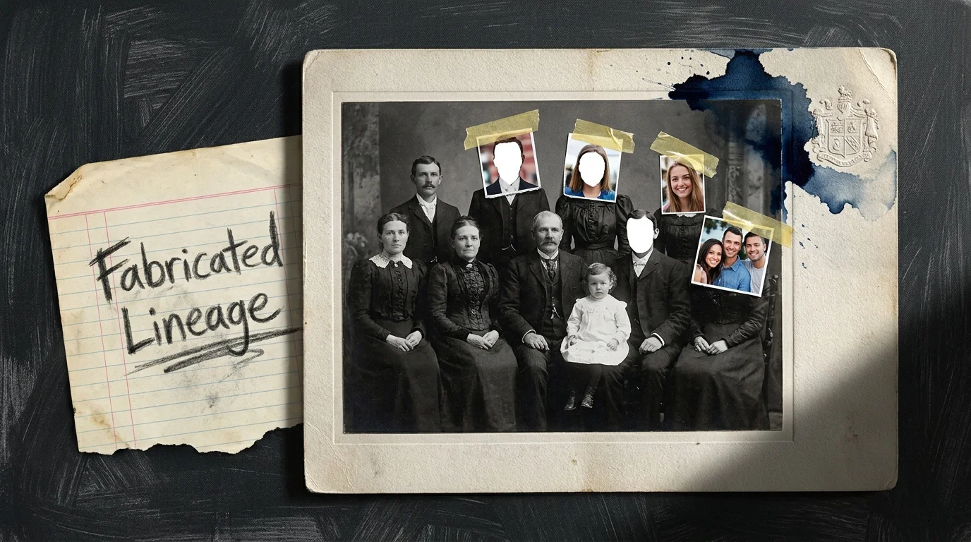 An old family photo with faces cut out and replaced with modern ones, symbolizing a fabricated and then corrected family history.