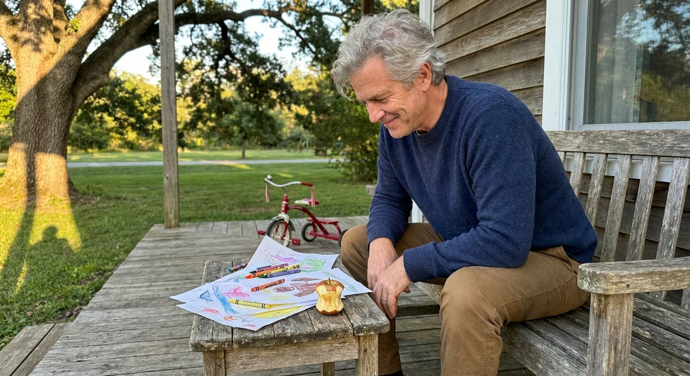 An older man in a cozy sweater sits on a sunlit porch looking at children's drawings, with a tricycle in the background.