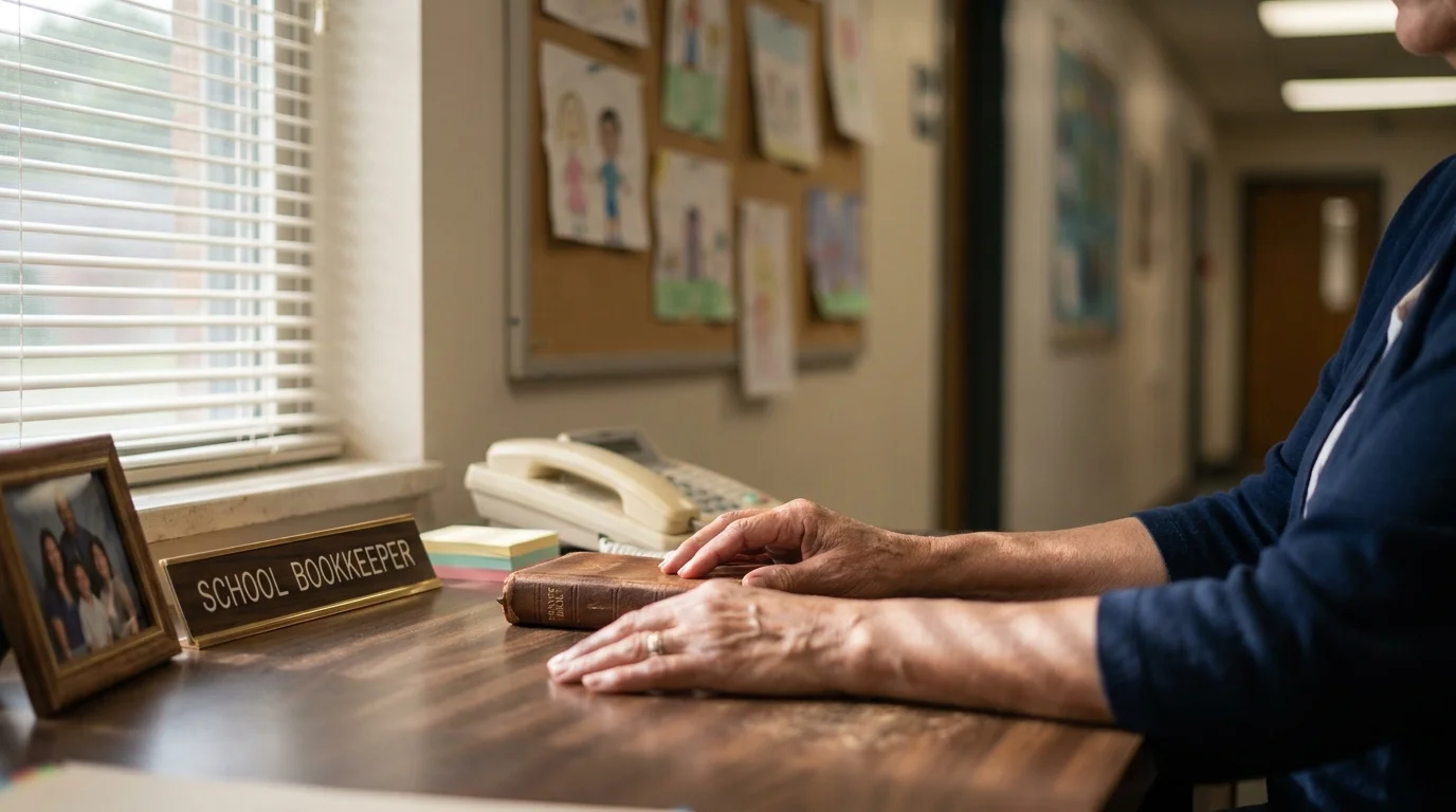 Close-up of a school bookkeeper's desk with steady hands, suggesting the calm empathy used to de-escalate a crisis.