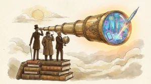 Ink and watercolor illustration of historical figures looking through a telescope at a futuristic city filled with technology.