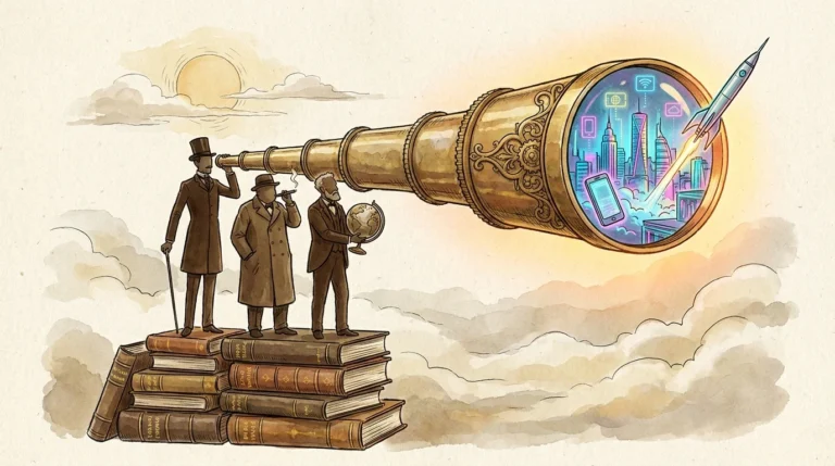 Ink and watercolor illustration of historical figures looking through a telescope at a futuristic city filled with technology.