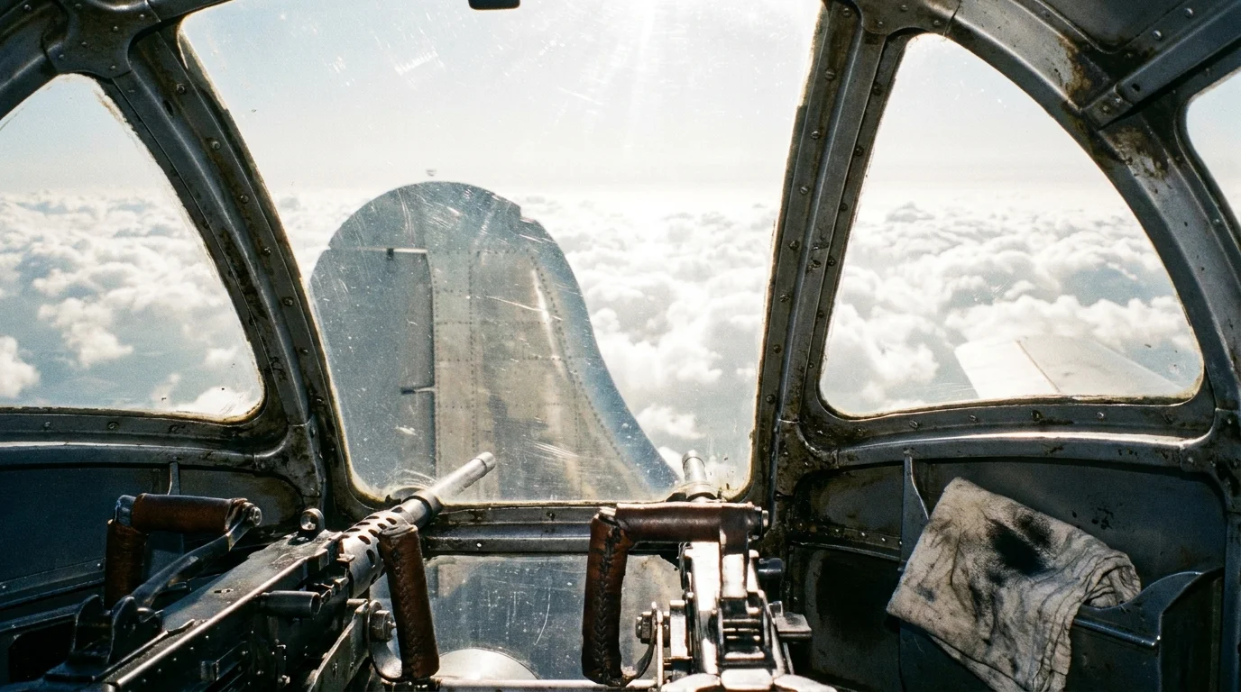 Looking through the glass of a B-29 tail gunner turret at the clouds below.