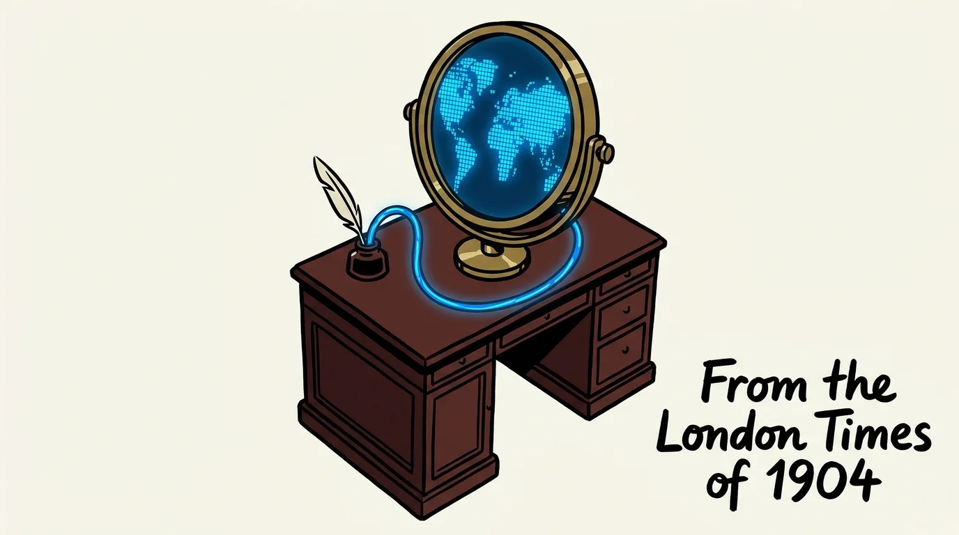 Minimalist illustration of a Victorian desk where a quill is connected to a glowing screen via a fiber-optic cable.