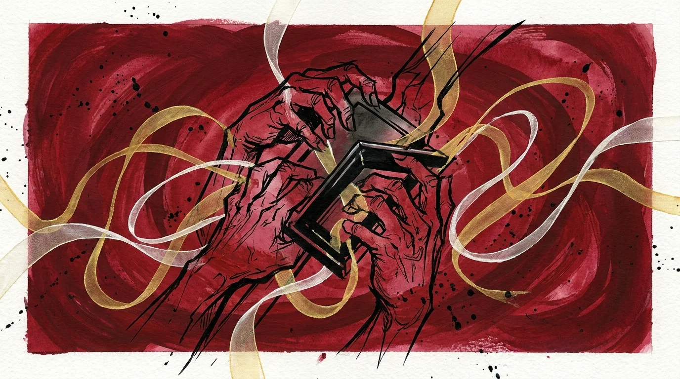 Mixed-media art showing graceful ribbons and sharp ink lines of hands struggling over a weapon.