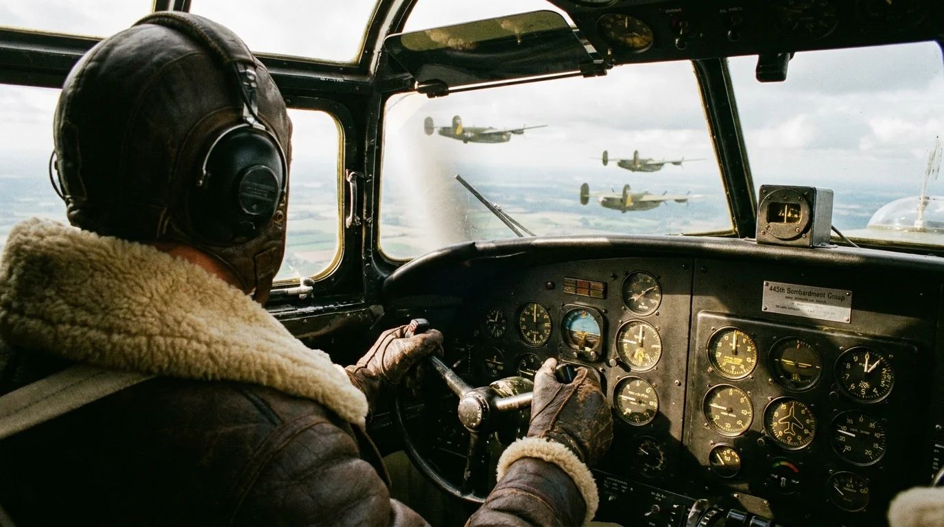 The cockpit view of a B-24 Liberator bomber with a pilot's gloved hands on the controls during a mission.
