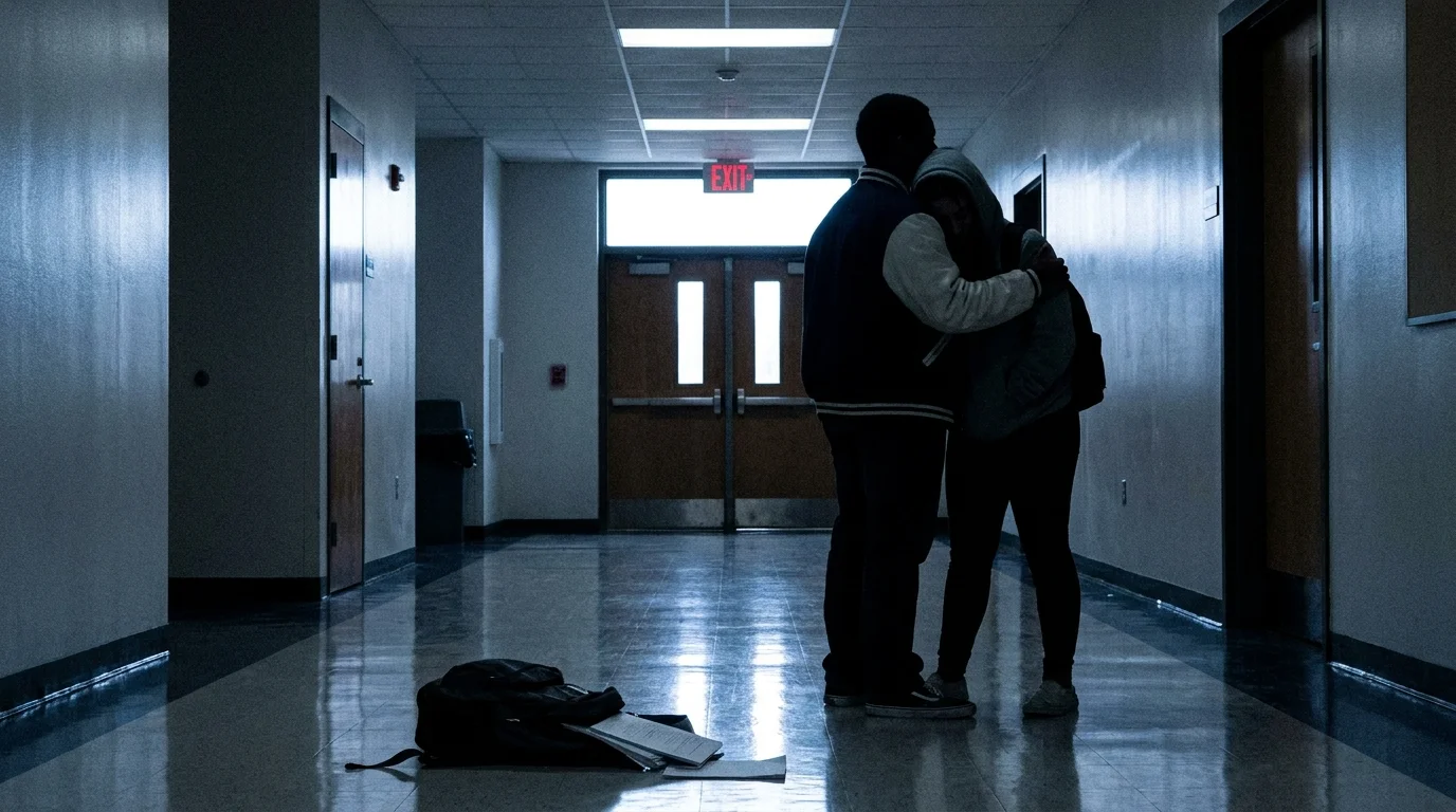 The silhouette of a football coach hugging a student in a long high school hallway.